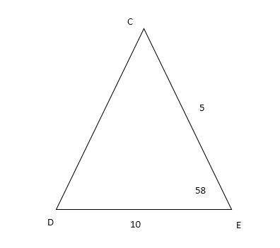 In △CDE , DE=10 , CE=5 , and m∠E=58∘ . What is the length of CD¯? Enter your answer, rounded to the