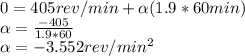 0=405rev/min+\alpha (1.9*60min)\\\alpha =\frac{-405}{1.9*60} \\\alpha =-3.552rev/min^{2}