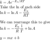 k = Ae^{-E_{a}/RT}\\\text{Take the ln of each side}\\\ln k = \ln A - \dfrac{E_{a}}{RT}\\\\\text{We can rearrange this to give}\\\ln k = - \dfrac{E_{a}}{R}\dfrac{1}{T} + \ln A\\\\y = mx + b