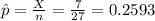 \hat p =\frac{X}{n} =\frac{7}{27} =0.2593