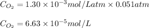 C_{O_2}=1.30\times 10^{-3}mol/Latm\times 0.051atm\\\\C_{O_2}= 6.63\times 10^{-5}mol/L