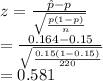 z=\frac{\hat p-p}{\sqrt{\frac{p(1-p)}{n}}}\\= \frac{0.164-0.15}{\sqrt{\frac{0.15(1-0.15)}{220}}} \\=0.581