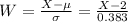 W = \frac{X-\mu}{\sigma} = \frac{X-2}{0.383}