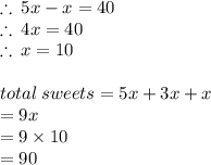 \therefore \: 5x - x = 40 \\ \therefore \:  4x = 40 \\  \therefore \: x = 10 \\  \\ total \: sweets  = 5x + 3x + x  \\ = 9x  \\ = 9 \times 10 \\   = 90