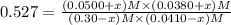 0.527=\frac{(0.0500+x)M\times (0.0380+x)M}{(0.30-x)M\times(0.0410-x)M}
