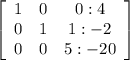 \left[\begin{array}{ccc}1&0&0:4\\0&1&1:-2\\0&0&5:-20\end{array}\right]