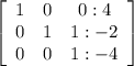 \left[\begin{array}{ccc}1&0&0:4\\0&1&1:-2\\0&0&1:-4\end{array}\right]