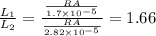 \frac{L_1}{L_2}=\frac{\frac{RA}{1.7\times 10^{-5}}}{\frac{RA}{2.82\times 10^{-5}}}=1.66