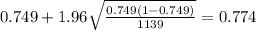 0.749 + 1.96\sqrt{\frac{0.749(1-0.749)}{1139}}=0.774
