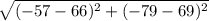 \sqrt{(-57 - 66)^{2} + (-79 - 69)^{2}}