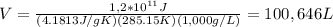 V=\frac{1,2*10^{11} J}{(4.1813J/gK)(285.15K)(1,000g/L)} =100,646L