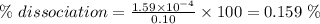 \% \ dissociation=\frac{1.59\times 10^{-4}}{0.10}\times 100=0.159\ \%