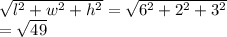 \sqrt{l^{2}+w^{2}+h^{2}} = \sqrt{6^{2}+2^{2}+3^{2}}\\= \sqrt{49}