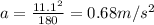 a=\frac{11.1^2}{180}=0.68 m/s^2