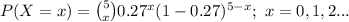 P(X=x)={5\choose x}0.27^{x}(1-0.27)^{5-x};\ x=0,1,2...