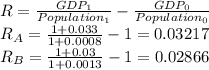 R=\frac{GDP_1}{Population_1} -\frac{GDP_0}{Population_0}\\R_A = \frac{1+0.033}{1+0.0008}-1=0.03217\\R_B = \frac{1+0.03}{1+0.0013}-1=0.02866