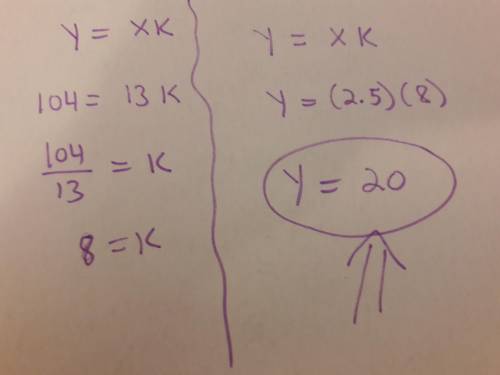 The value of y varies directly with x, and y = 104 when x = 13. Find y when x = 2.5. HELP PLEASE