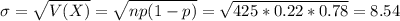 \sigma = \sqrt{V(X)} = \sqrt{np(1-p)} = \sqrt{425*0.22*0.78} = 8.54