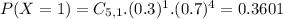 P(X = 1) = C_{5,1}.(0.3)^{1}.(0.7)^{4} = 0.3601