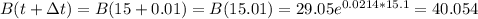 B(t+ \Delta t) = B(15+0.01) = B(15.01) = 29.05 e^{0.0214 *15.1}=40.054