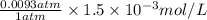 \frac{0.0093atm}{1atm}\times 1.5\times 10^{-3}mol/L