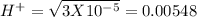 H^+ = \sqrt{3X10^{-5}} =0.00548