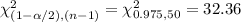 \chi^{2}_{(1-\alpha/2), (n-1)}=\chi^{2}_{0.975,50}=32.36