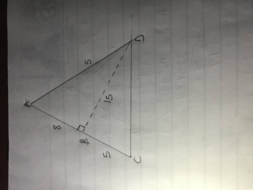 Triangle A C D is shown. A line is drawn from point D to point B on side A C to form a right angle.