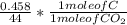 \frac{0.458}{44}*\frac{1mole of C}{1 mole of CO_2}