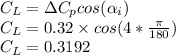 C_L=\Delta C_p cos(\alpha_i)\\C_L=0.32\times cos(4*\frac{\pi}{180})\\C_L=0.3192