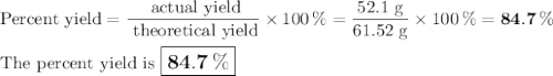 \text{Percent yield} = \dfrac{\text{ actual yield}}{\text{ theoretical yield}} \times 100 \,\% = \dfrac{\text{52.1 g}}{\text{61.52 g}} \times 100 \, \% = \mathbf{84.7 \,\%}\\\\\text{The percent yield is $\large \boxed{\mathbf{84.7 \, \% }}$}
