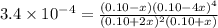 3.4\times 10^{-4}=\frac{(0.10-x)(0.10-4x)^4}{(0.10+2x)^2(0.10+x)}