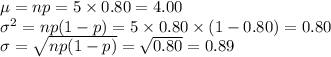 \mu=np=5\times0.80=4.00\\\sigma^{2}=np(1-p)=5\times0.80\times(1-0.80)=0.80\\\sigma=\sqrt{np(1-p)}=\sqrt{0.80}=0.89