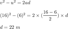v^2-u^2=2ad\\\\(16)^2-(6)^2=2\times (\dfrac{16-6}{2})\times d\\\\d = 22\ m