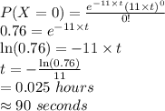 P(X=0)=\frac{e^{-11\times t}(11\times t)^{0}}{0!}\\0.76=e^{-11\times t}\\\ln(0.76)=-11\times t\\t=-\frac{\ln(0.76)}{11} \\=0.025\ hours\\\approx90\ seconds