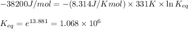-38200J/mol=-(8.314J/Kmol)\times 331K\times \ln K_{eq}\\\\K_{eq}=e^{13.881}=1.068\times 10^{6}