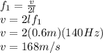 f_{1}=\frac{v}{2l}\\ v=2lf_{1}\\v=2(0.6m)(140Hz)\\v=168m/s
