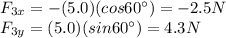 F_{3x}=-(5.0)(cos 60^{\circ})=-2.5 N\\F_{3y}=(5.0)(sin 60^{\circ})=4.3 N
