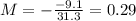 M=-\frac{-9.1}{31.3}=0.29