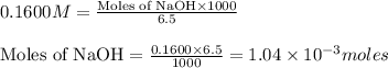 0.1600M=\frac{\text{Moles of NaOH}\times 1000}{6.5}\\\\\text{Moles of NaOH}=\frac{0.1600\times 6.5}{1000}=1.04\times 10^{-3}moles