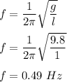 f=\dfrac{1}{2\pi}\sqrt{\dfrac{g}{l}} \\\\f=\dfrac{1}{2\pi}\sqrt{\dfrac{9.8}{1}} \\\\f=0.49\ Hz