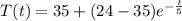 T(t)=35+(24-35)e^{-\frac{t}{5}}