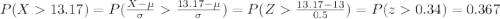 P(X13.17)=P(\frac{X-\mu}{\sigma}\frac{13.17-\mu}{\sigma})=P(Z\frac{13.17-13}{0.5})=P(z0.34)=0.367