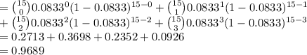 ={15\choose 0}0.0833^{0}(1-0.0833)^{15-0}+{15\choose 1}0.0833^{1}(1-0.0833)^{15-1}\\+{15\choose 2}0.0833^{2}(1-0.0833)^{15-2}+{15\choose 3}0.0833^{3}(1-0.0833)^{15-3}\\=0.2713+0.3698+0.2352+0.0926\\=0.9689