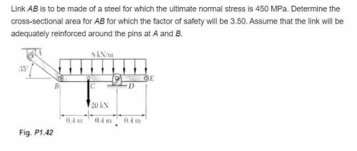 Link AB is to be made of a steel for which the ultimate normal stress is 450 MPa. Determine the cros