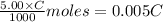 \frac{5.00\times C}{1000}moles=0.005C