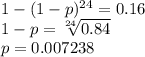 1-(1-p)^{24} = 0.16\\1-p = \sqrt[24]{0.84}\\p=0.007238