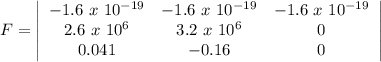 F = \left|\begin{array}{ccc}-1.6\ x\ 10^{-19}&-1.6\ x\ 10^{-19}&-1.6\ x\ 10^{-19}\\2.6\ x\ 10^6&3.2\ x\ 10^6&0\\0.041&-0.16&0\end{array}\right|