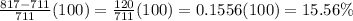 \frac{817-711}{711}(100)= \frac{120}{711}(100) = 0.1556(100) = 15.56 \%