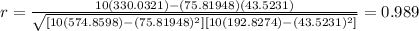 r=\frac{10(330.0321)-(75.81948)(43.5231)}{\sqrt{[10(574.8598) -(75.81948)^2][10(192.8274) -(43.5231)^2]}}=0.989